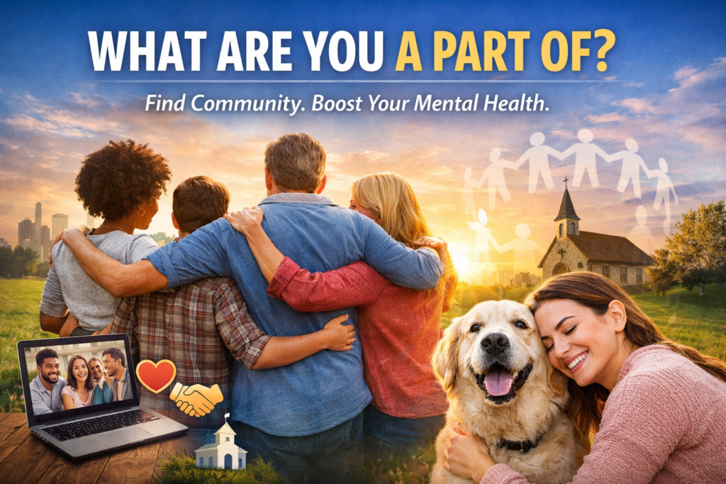 People and pets together in a park, illustrating social connection, belonging, and wellbeing