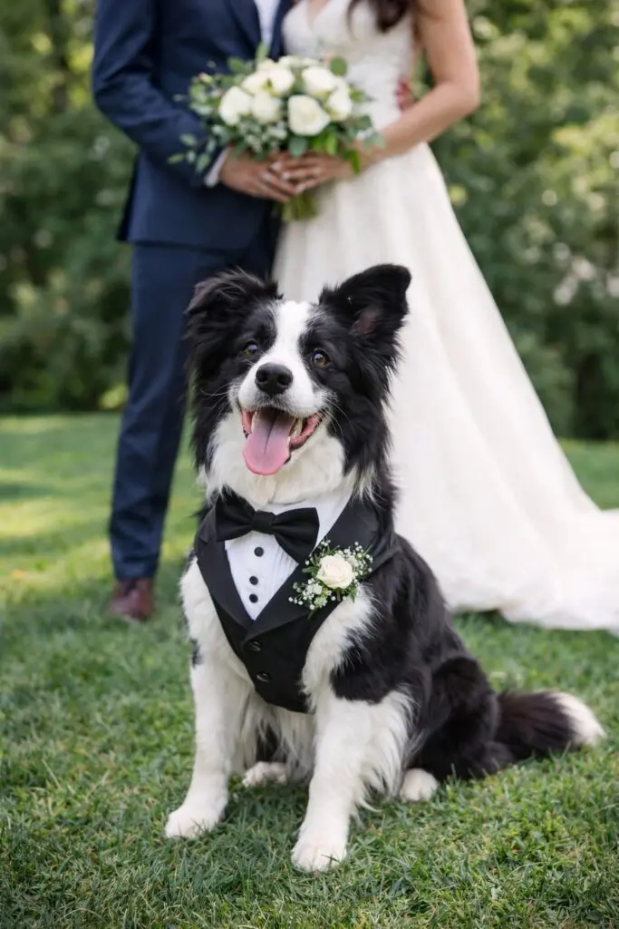 Border Collie wearing tuxedo at outdoor wedding with bride and groom, providing wedding pet chaperone service.
