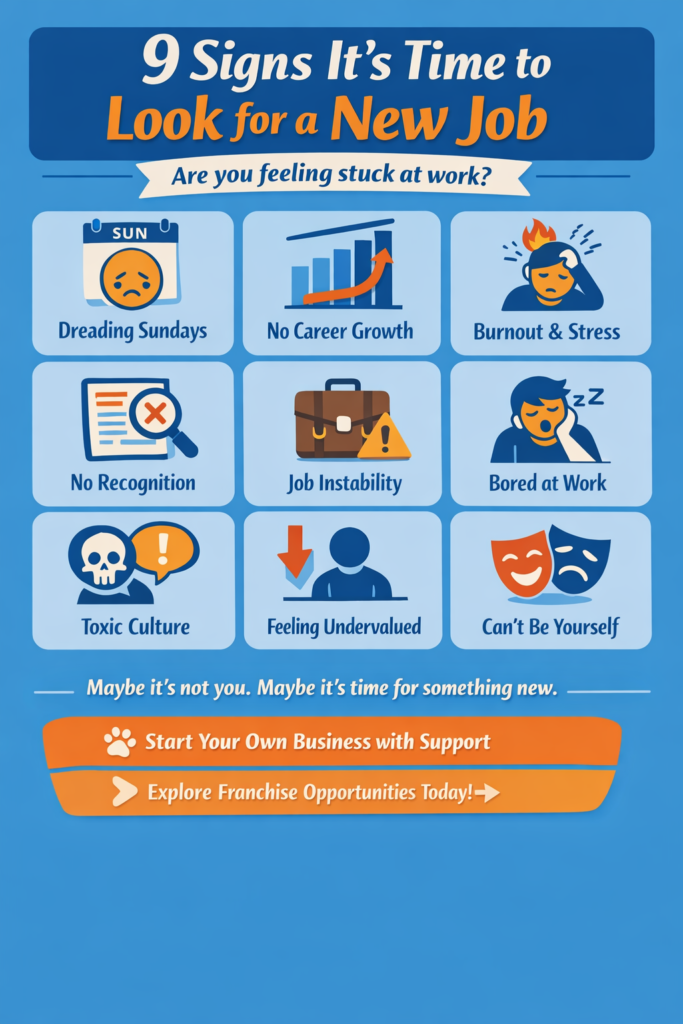 9 signs it’s time to look for a new job infographic including burnout, toxic workplace, and no career growth