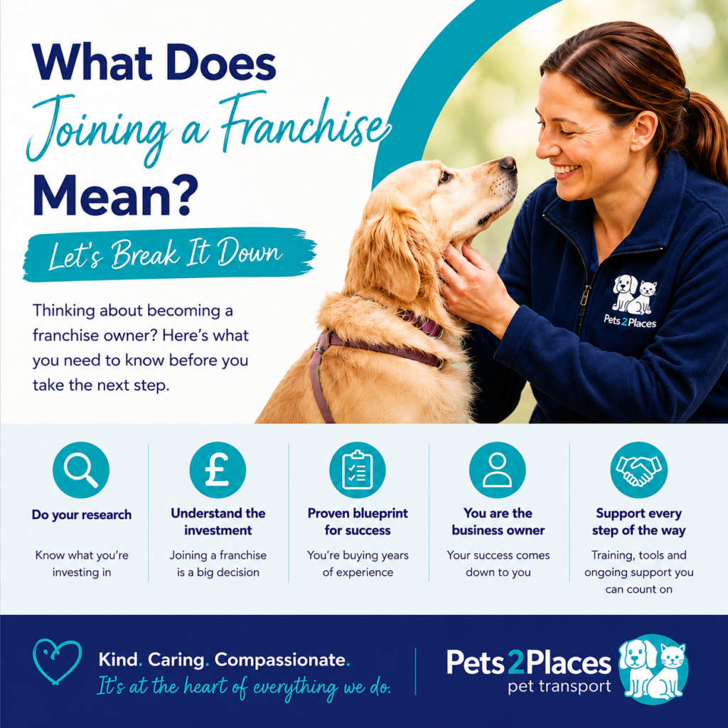 Pets 2 Places franchise owner with a dog explaining what joining a franchise means and the support available to new franchisees