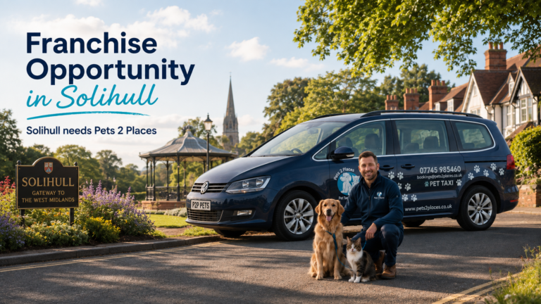 Pets 2 Places pet taxi in Solihull with a franchisee, dog and cat, promoting a pet franchise opportunity in the West Midlands