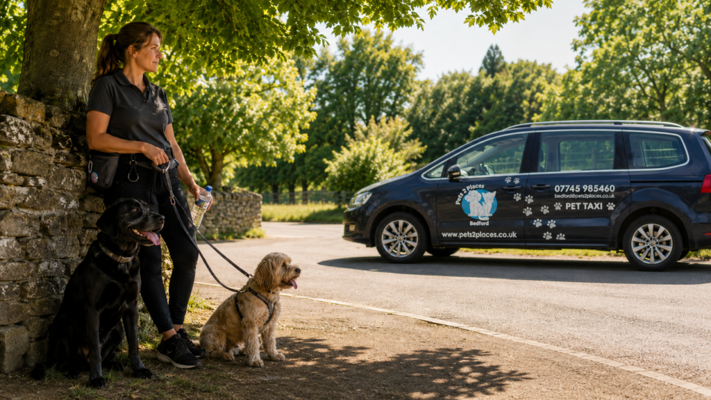 Dog walker resting with two dogs in the shade beside a branded Pets 2 Places pet taxi on a hot summer day.